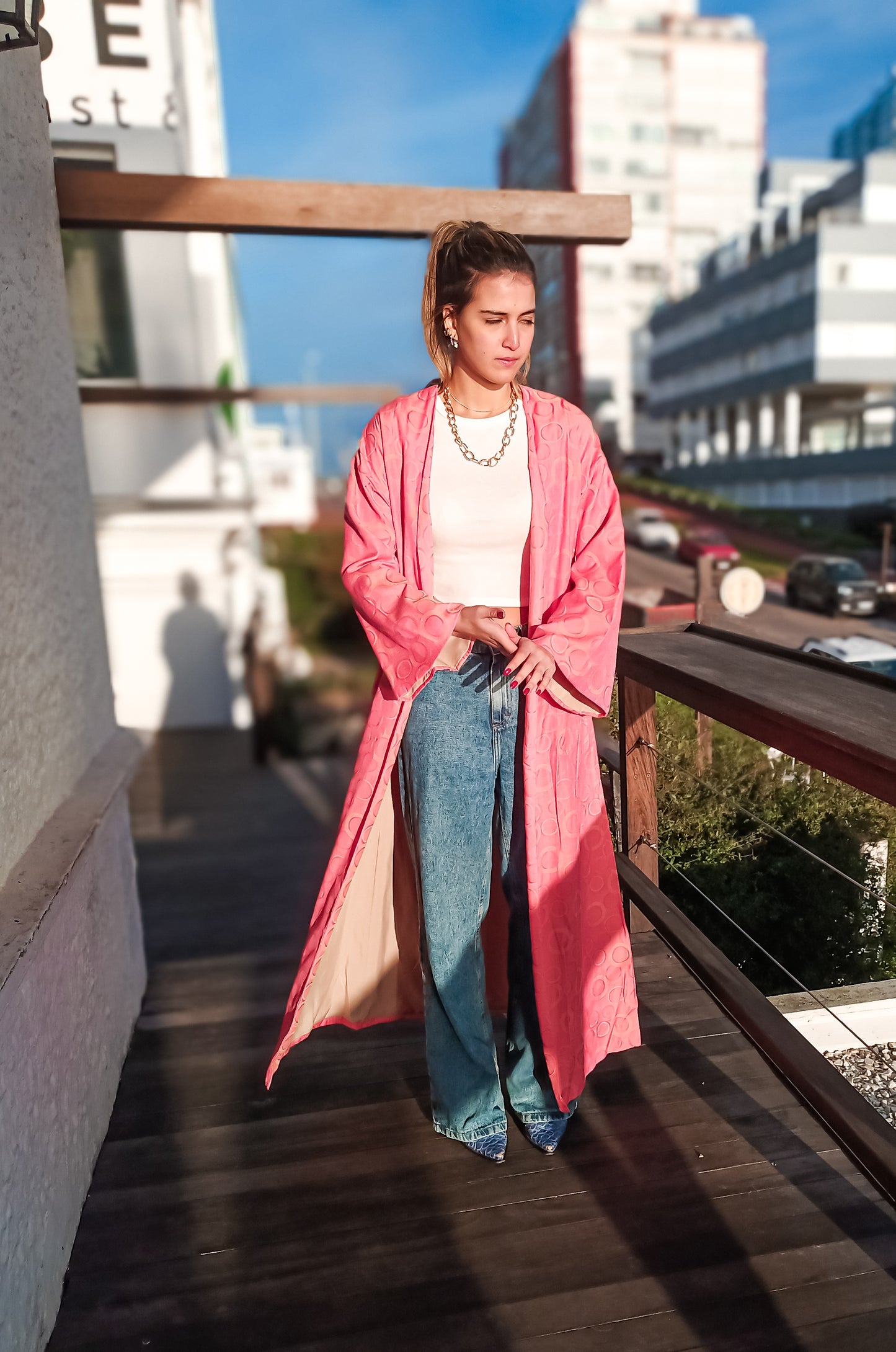 QUIMONO ROSA ESTAMPADO DE SHANTUNG